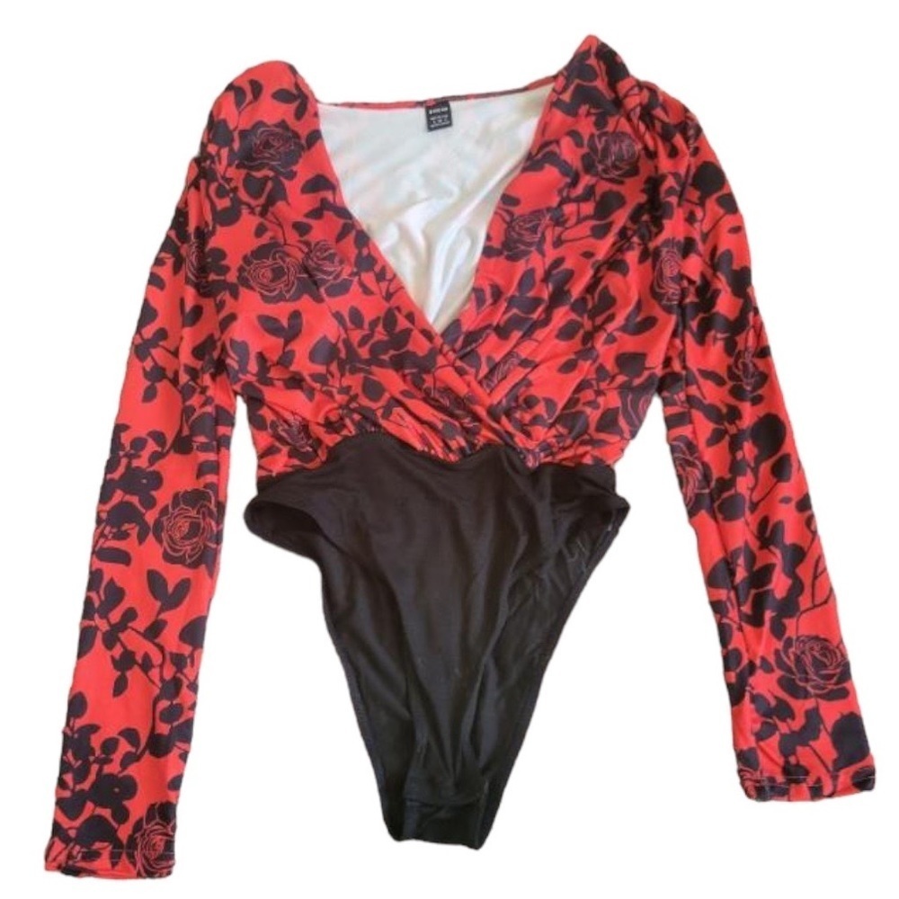 Bodysuit long sleeve floral black and red